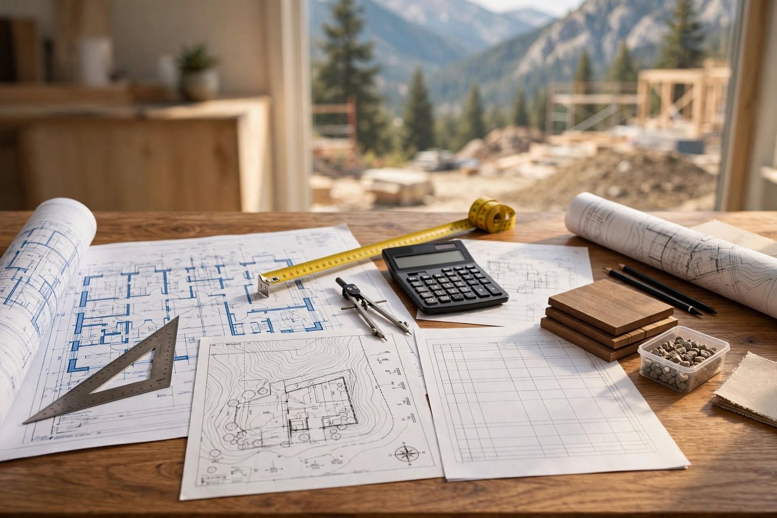 Site planning at WNC Residential Development: blueprints, a cost estimate, a tape measure and material samples on the table