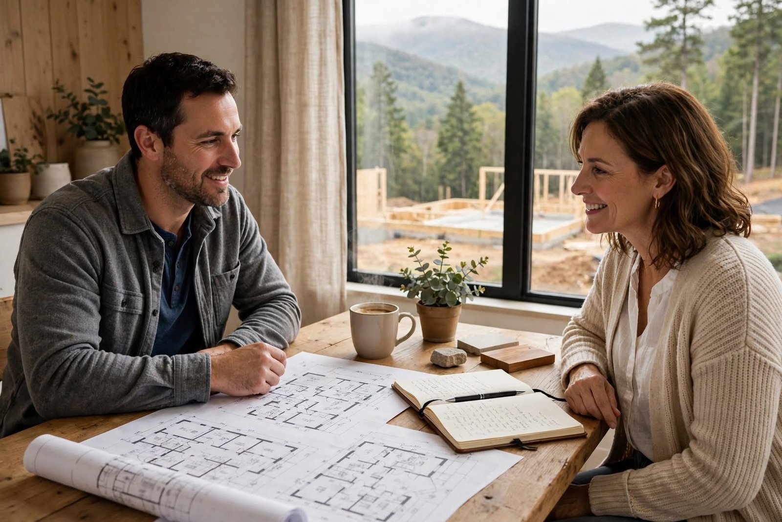A pre-construction planning conversation over house plans, with a build site visible through the window