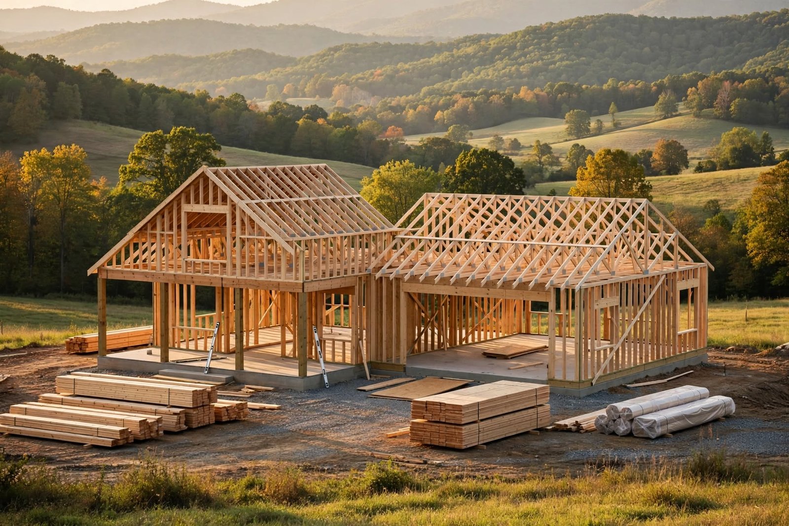 New residential framing on a Western North Carolina site, with roof trusses set and lumber staged