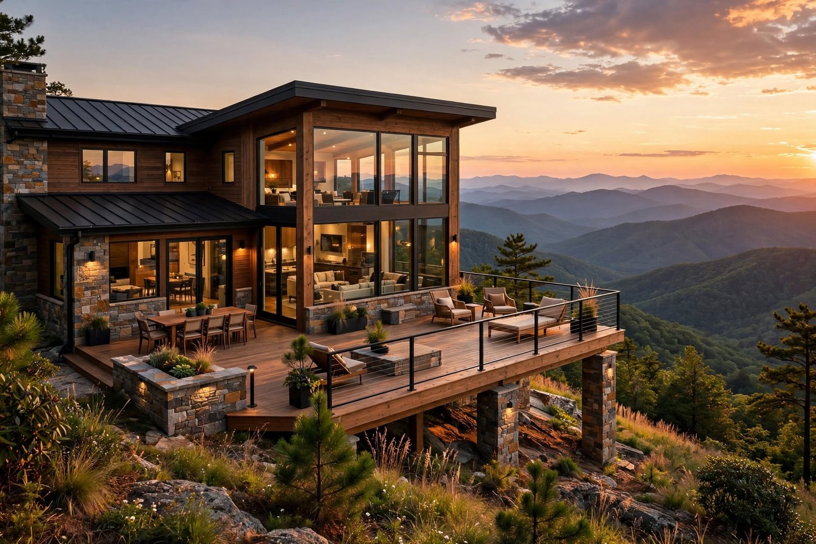 A mountain-modern home on a Western North Carolina ridge at dusk
